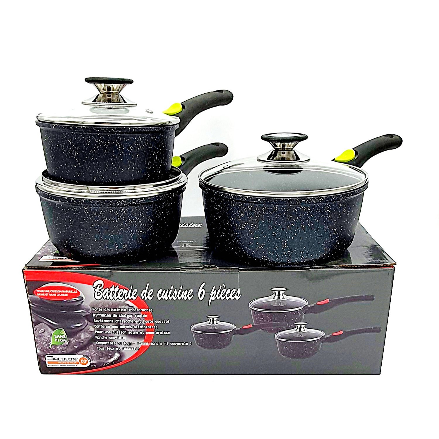 Batterie de cuisine tous feux en granite et structure en aluminium - Set de  6 pièces