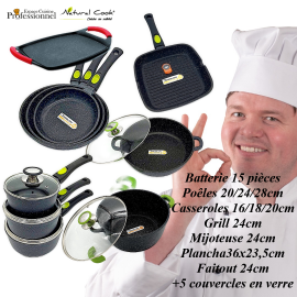 Lot: Poêles 20-24-28cm-Casserole 20cm-Sauteuse 28cm-grill 28cm-Faitouts  20-24-28cm - Klaus Klaus P202428C20S28G28F202428K : Natural cook  professionnel - N°1 des ustensiles de cuisine pro