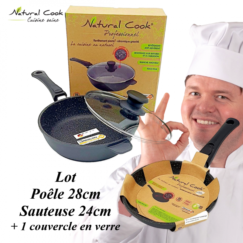 Lot poêle 24 cm et sauteuse 28 cm avec couvercle induction