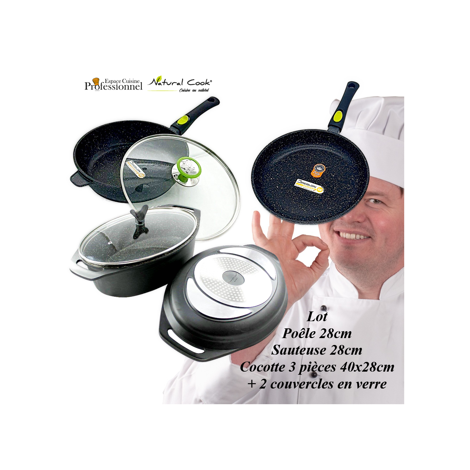 Lot: Poêle 28/Sauteuse 28/ Cocotte 3 pièces 40x28cm Espace Cuisine Professionnel