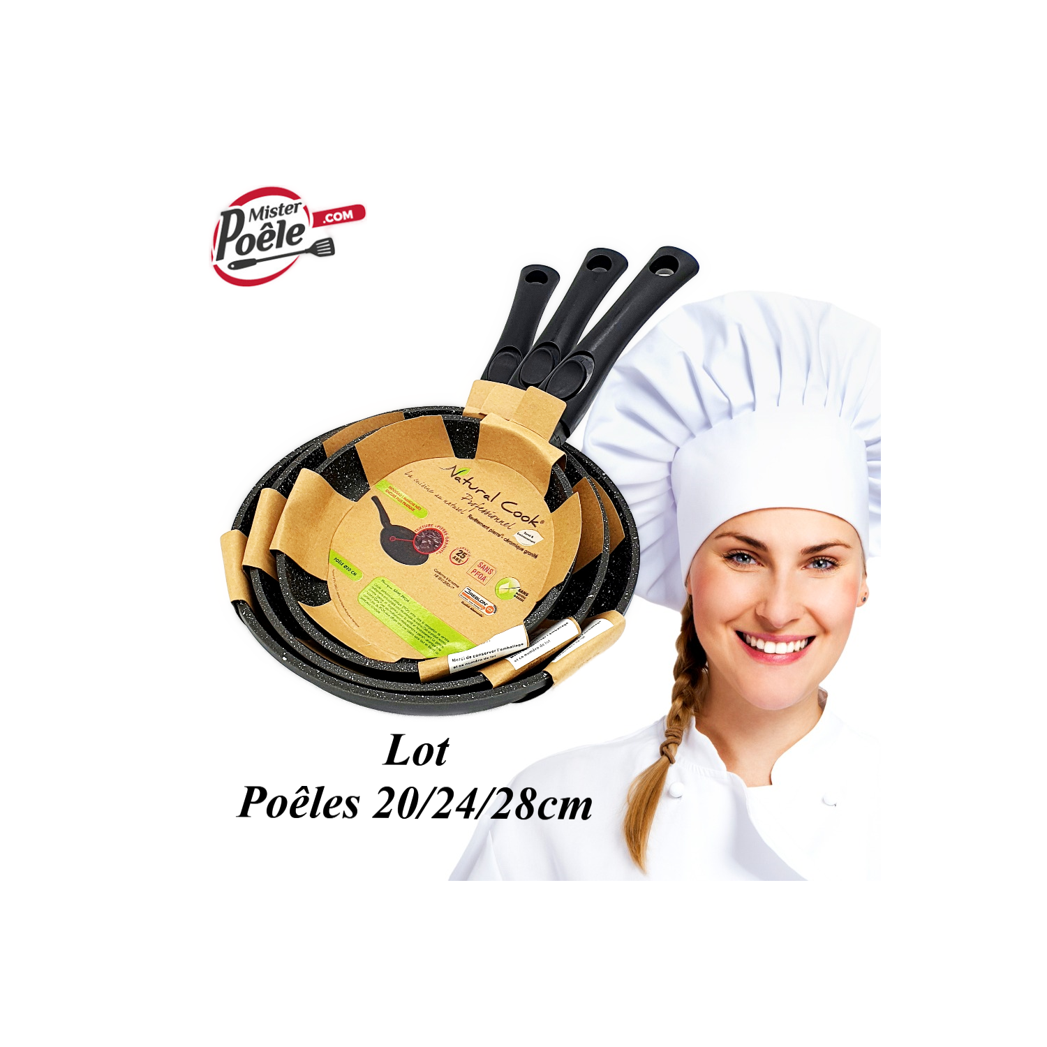 Lot Poêles 20/24/28cm Natural Cook Professionnel