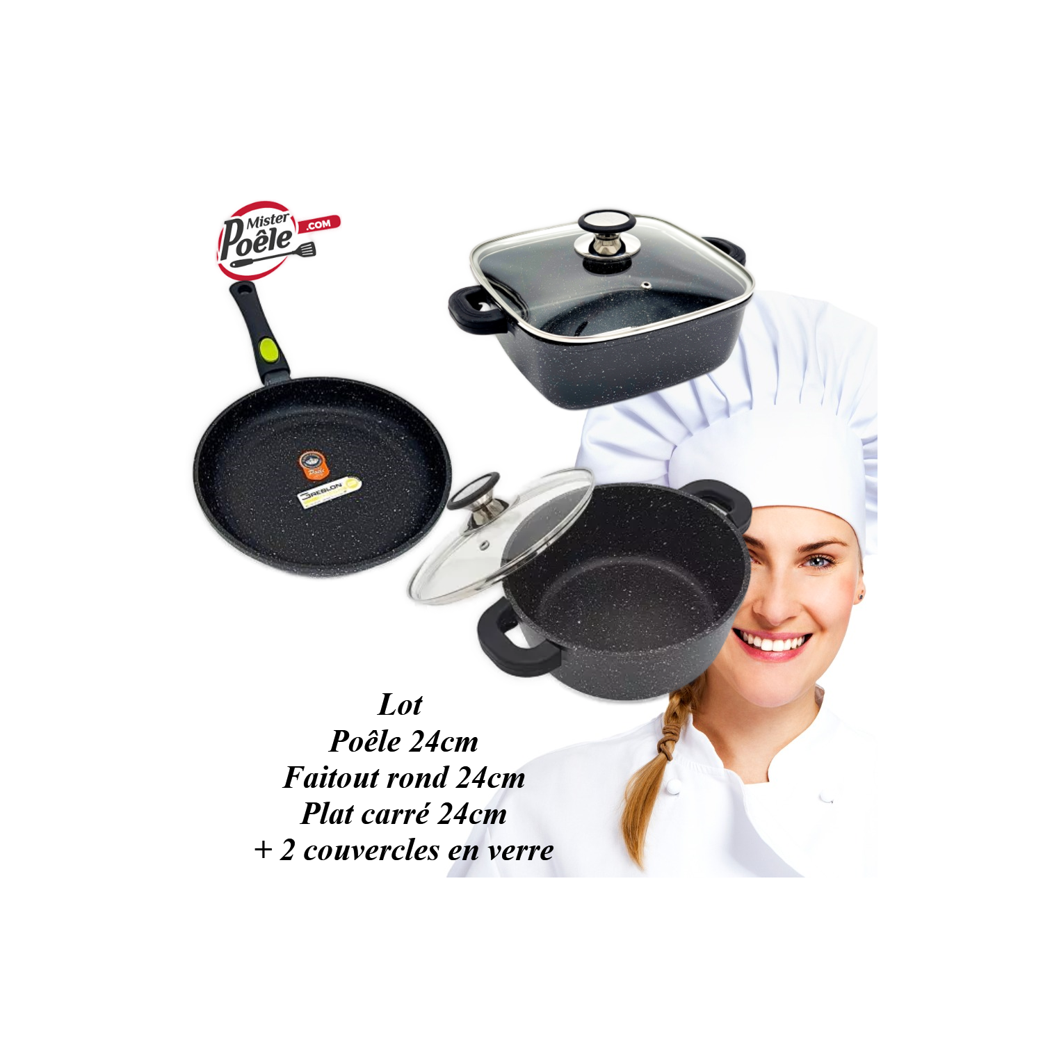 Lot: Poêle 24cm Faitout rond 24cm / Plat carré 24cm  Espace Cuisine Professionnel