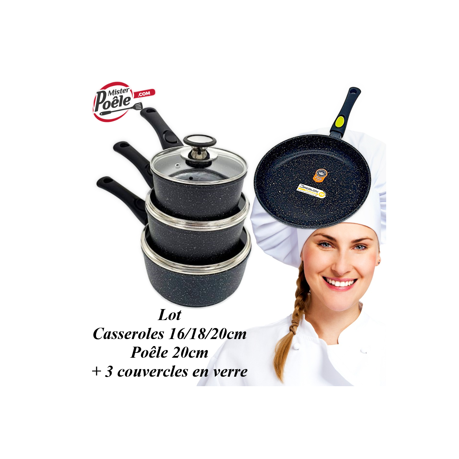 Lot: Casseroles 16/18/20cm - Poêle 20cm Espace Cuisine Professionnel