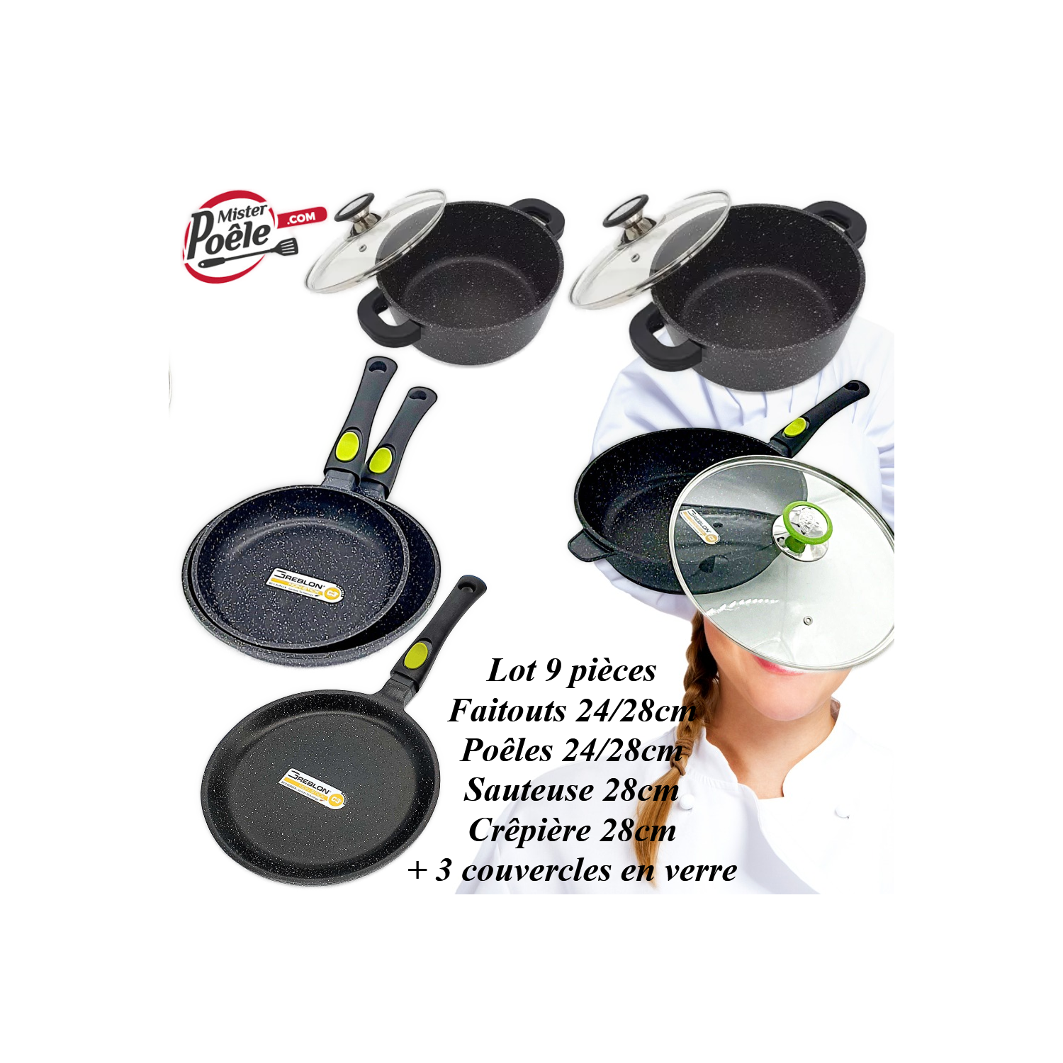 Lot: Faitouts 24/28cm - Poêles 24/28cm - Sauteuse 28cm Crêpière 28cm ESP