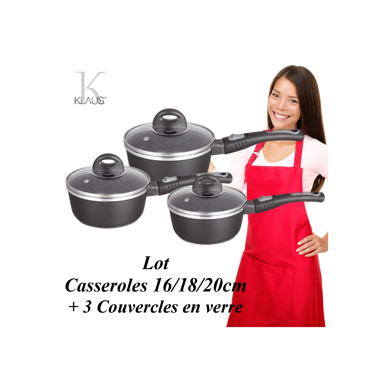 Lot 3 casseroles Klaus + 3 couvercles en verre