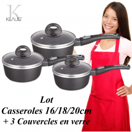 Lot 3 casseroles Klaus + 3 couvercles en verre