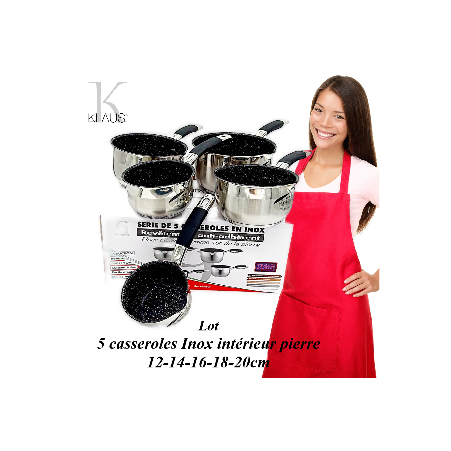 Lot Casseroles Klaus Inox 12 14 16 18 et 20 cm revêtement pierre