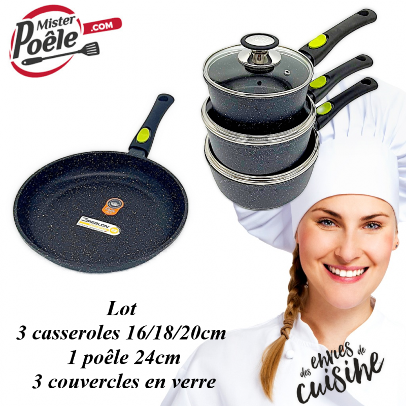 Lot de 3 casseroles inox + 1 manche amovible