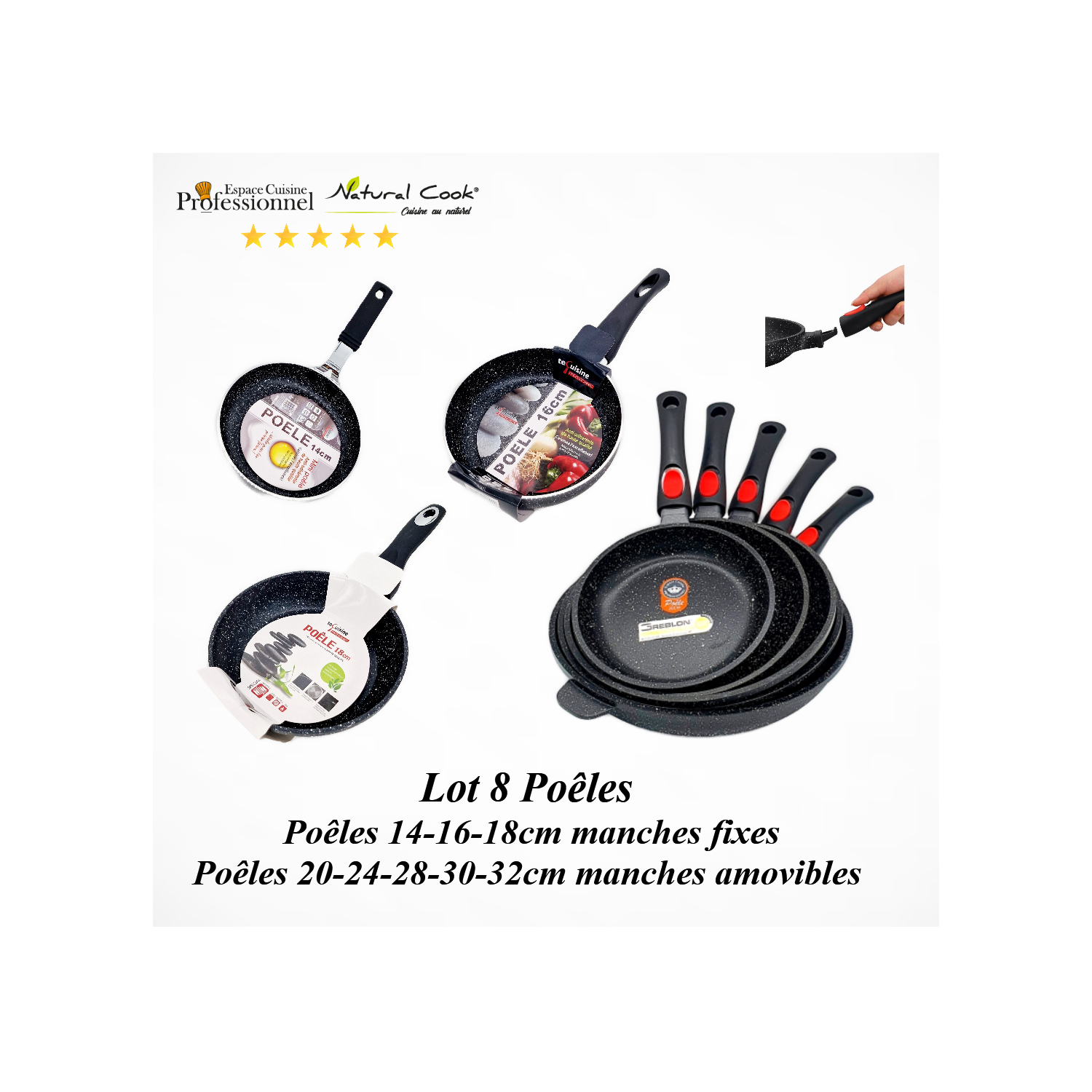 Lot 8 poêles 14/16/18/20/24/28/30/32cm Espace Cuisine Pro