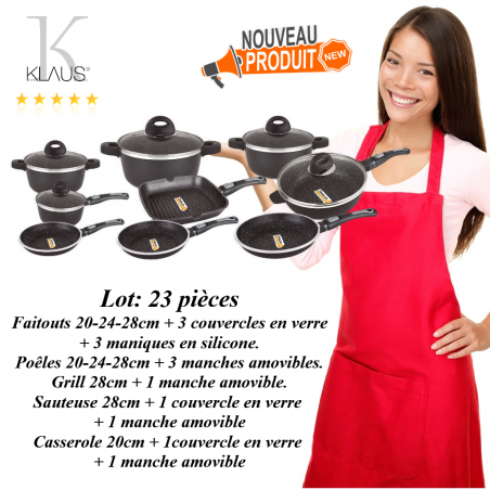 Lot: Poêles 20-24-28cm-Casserole 20cm-Sauteuse 28cm-grill 28cm-Faitouts  20-24-28cm - Klaus Klaus P202428C20S28G28F202428K : Natural cook  professionnel - N°1 des ustensiles de cuisine pro