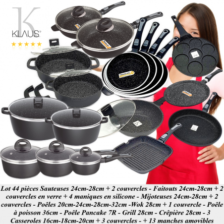 Lot: Poêles 20-24-28cm-Casserole 20cm-Sauteuse 28cm-grill 28cm-Faitouts  20-24-28cm - Klaus Klaus P202428C20S28G28F202428K : Natural cook  professionnel - N°1 des ustensiles de cuisine pro