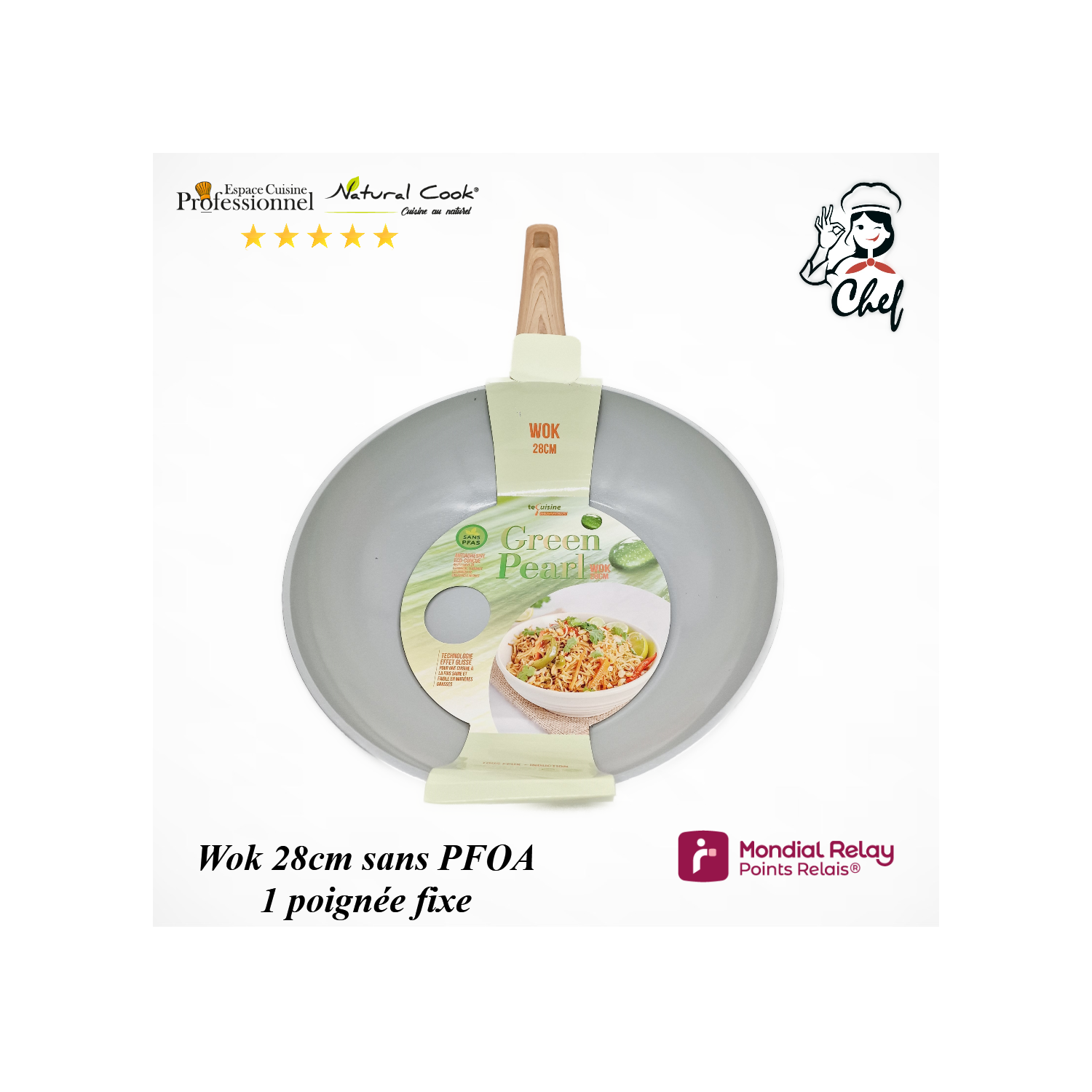 Wok 28cm manche fixe céramique GREEN PEARL