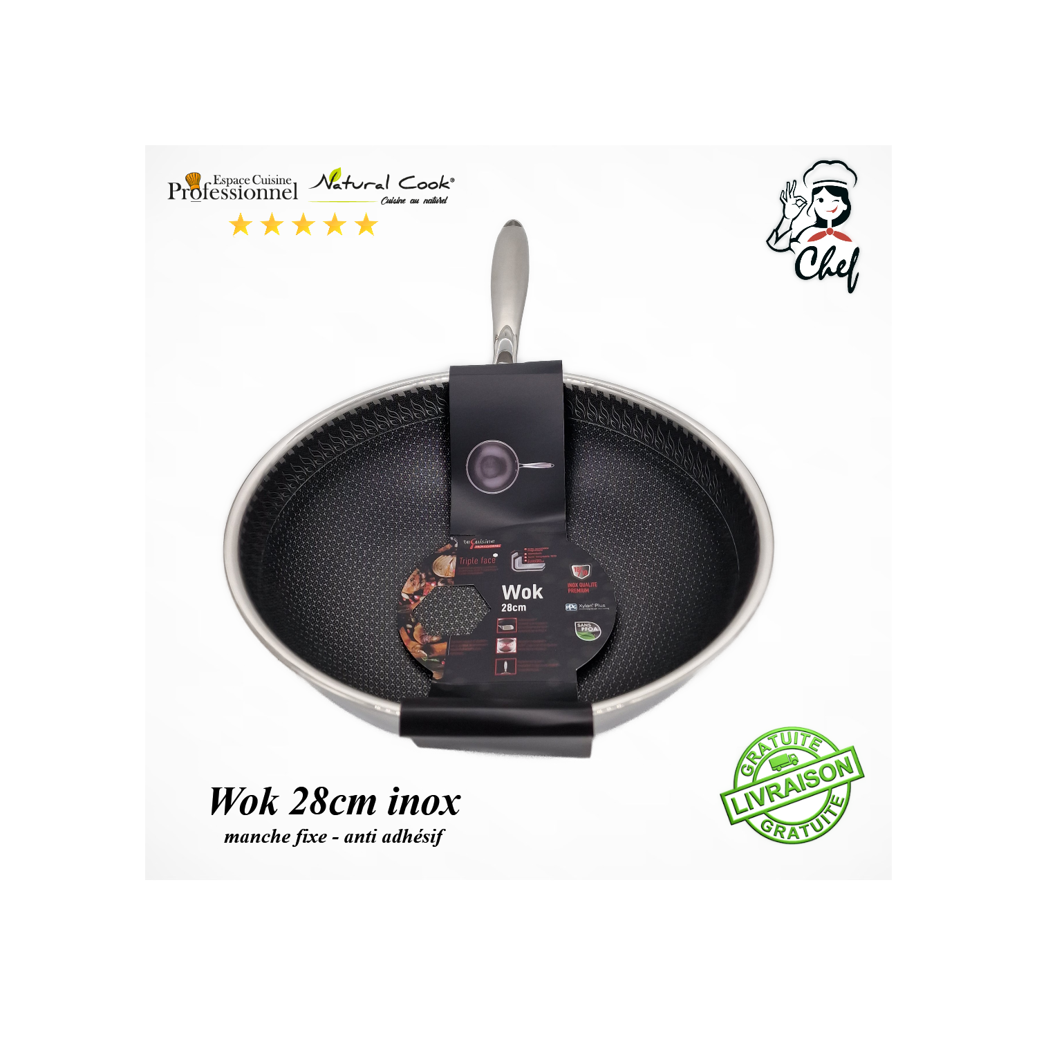 wok 28cm nid d abeille anti adhésif