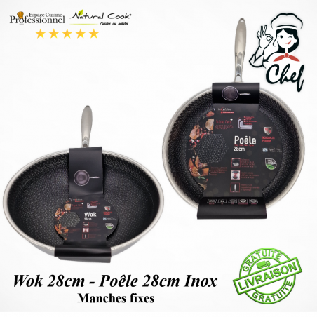 Wok 28cm - Poêle 28cm Inox antiadhésif Professionnel