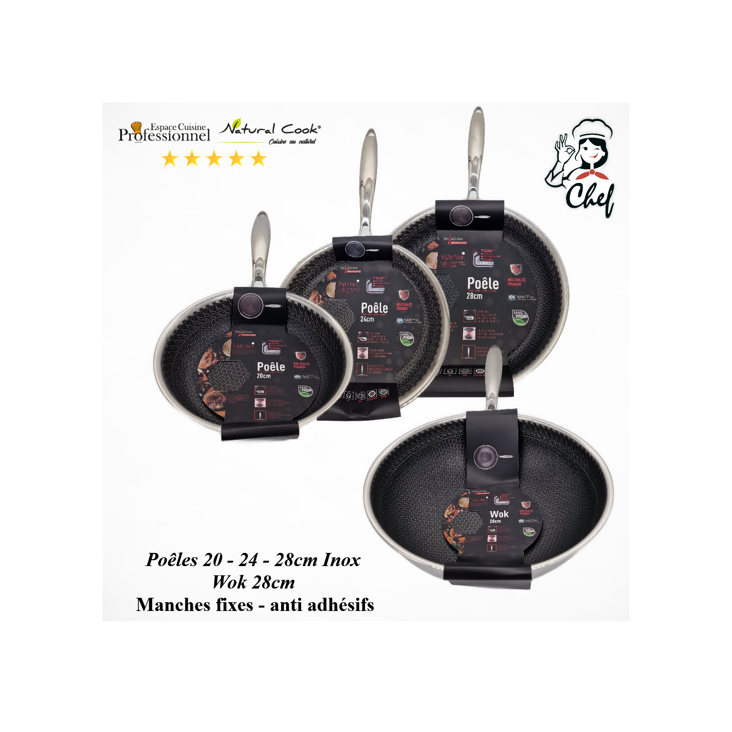 Wok 28cm - Poêles 20cm 24cm 28cm Inox antiadhésif Professionnel