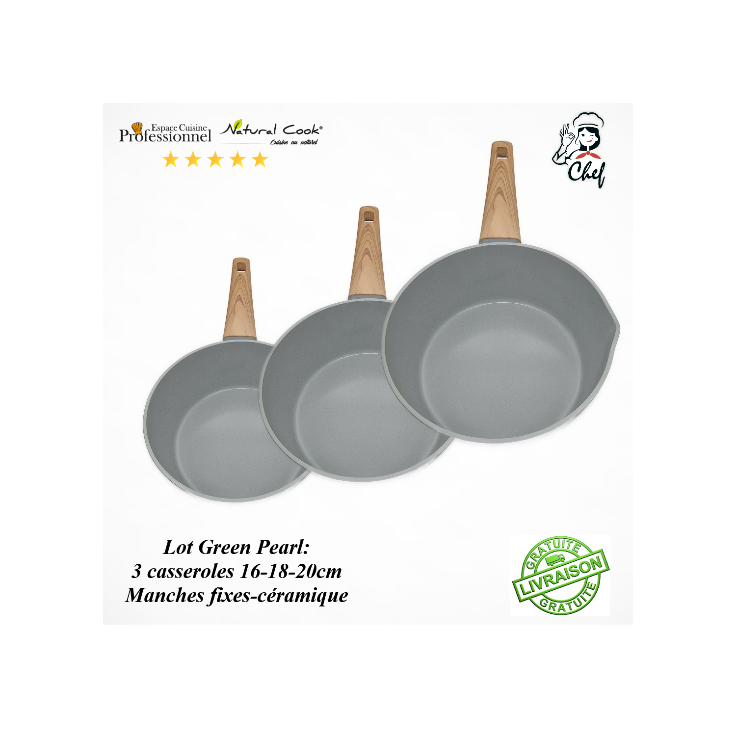 Casseroles 16-18-20cm manches fixes céramique GREEN PEARL