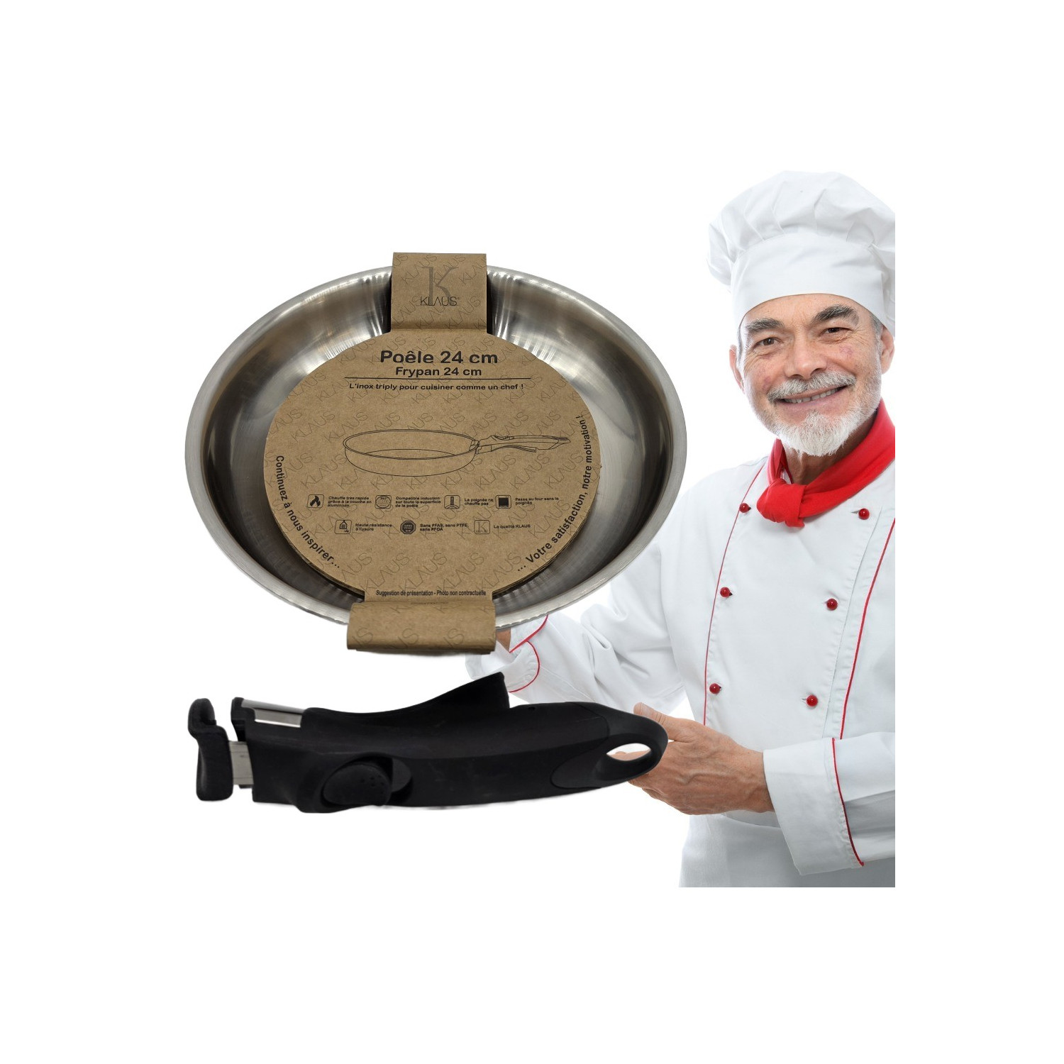 Poêle 24cm - Inox 18/10 Klaus manche amovible