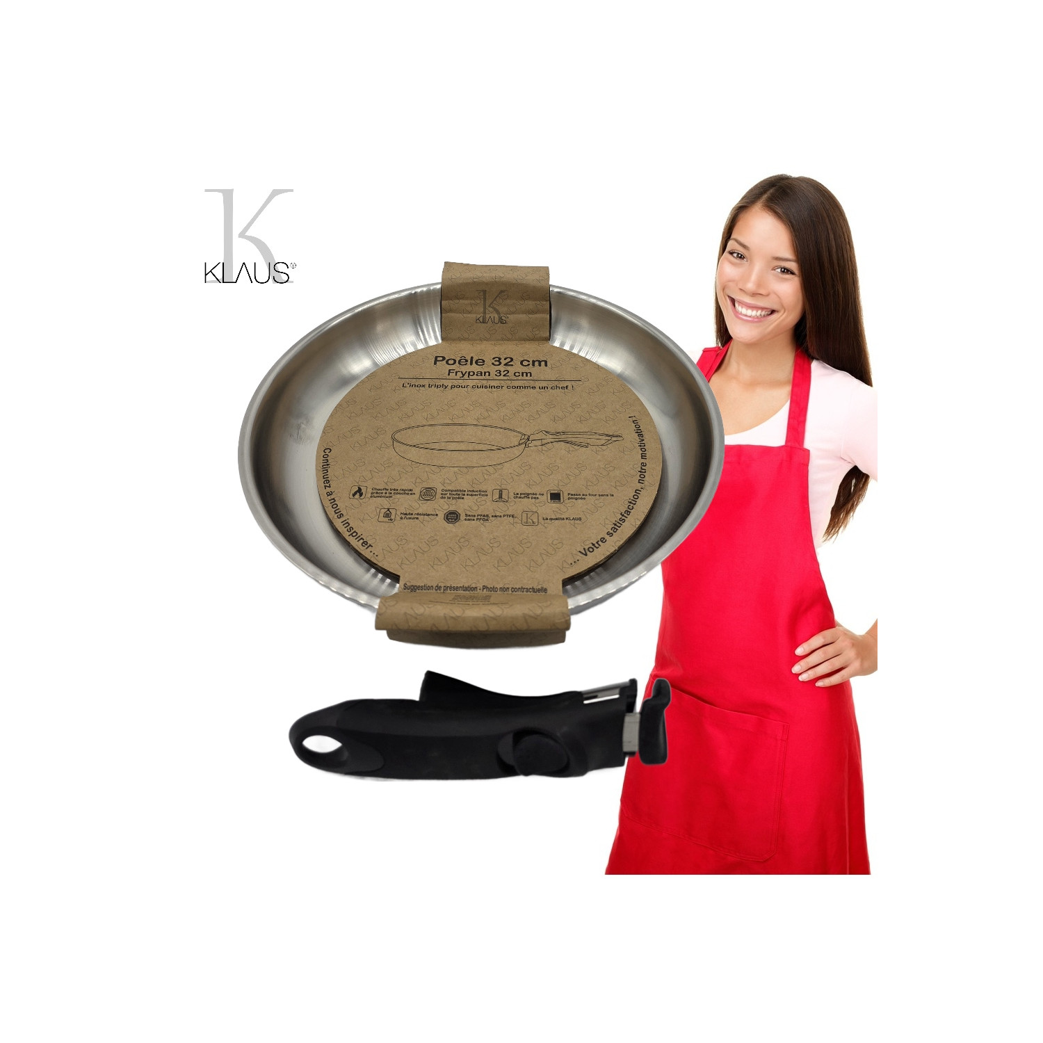 Poêle 32cm - Inox 18/10 Klaus manche amovible