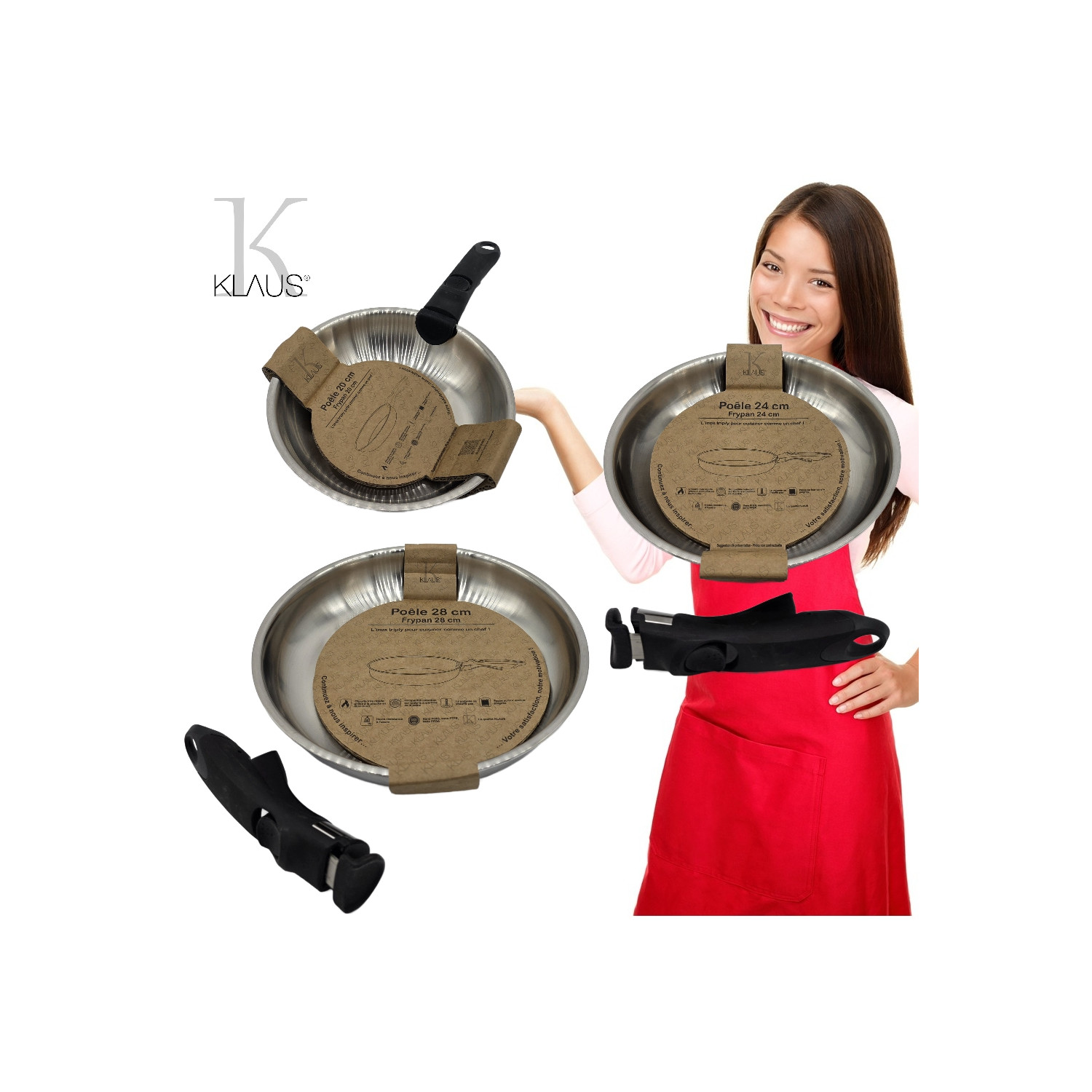 Poêles Inox 20-24-28cm Inox 18/10 Klaus manches amovibles